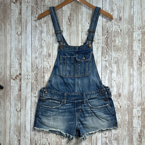 Abercrombie & Fitch Denim Short Overalls sz Small Women's 2" Blue Distressed - Picture 1 of 14